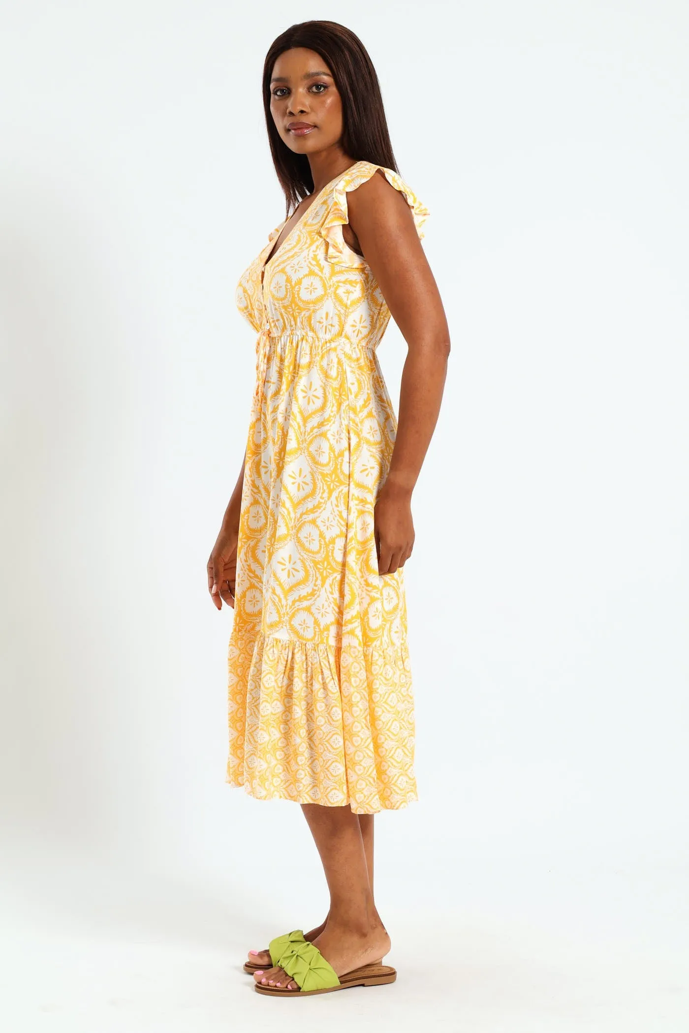 Frill Sleeve Button Detail Waisted Midi Dress - Mustard/Cream sold by Edgars product image thumbnail 4