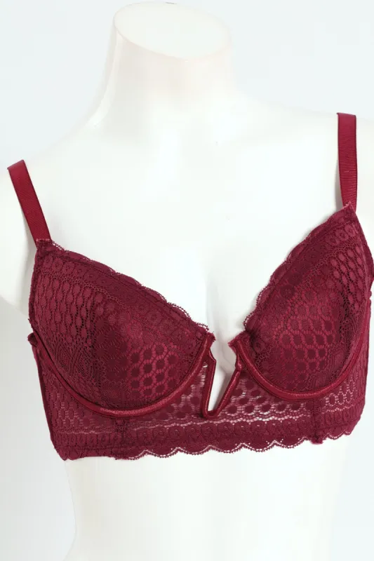 Lace Longline V Padded T-Shirt Bra - Burgundy sold by Edgars
