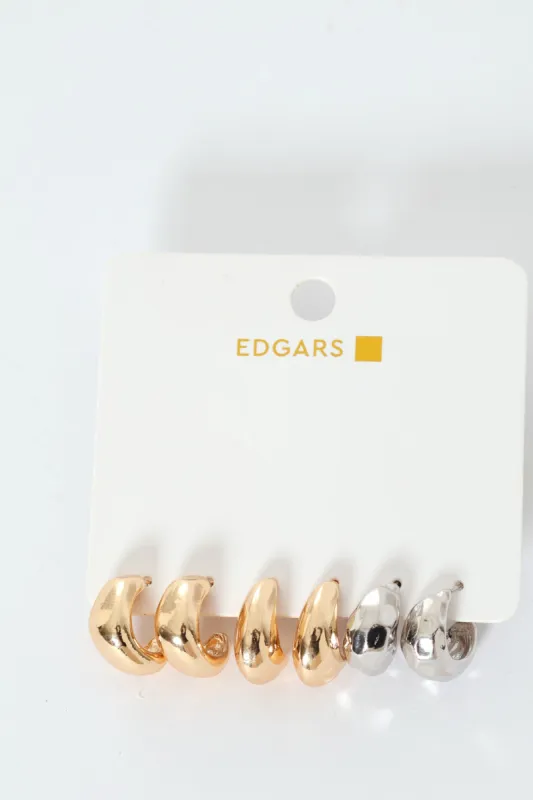 3 Pack Silver & Gold Geo Chunky Hoops - Multi sold by Edgars