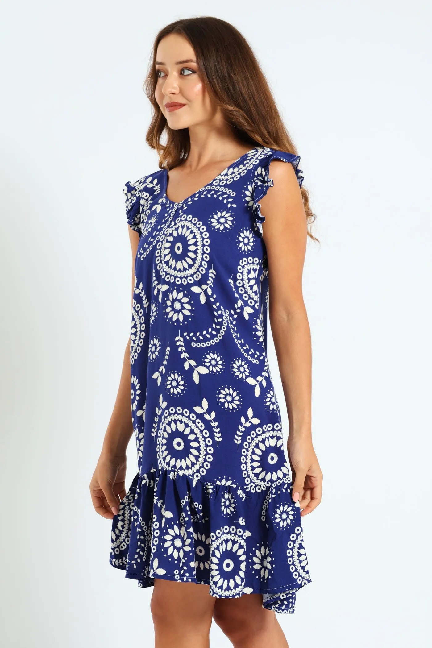 V-Neck Frill Sleeve Drop Hem Mini Dress With Tie Detail - Cobalt sold by Edgars product image thumbnail 3