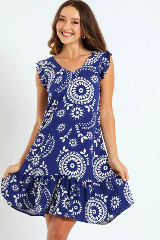 V-Neck Frill Sleeve Drop Hem Mini Dress With Tie Detail - Cobalt sold by Edgars