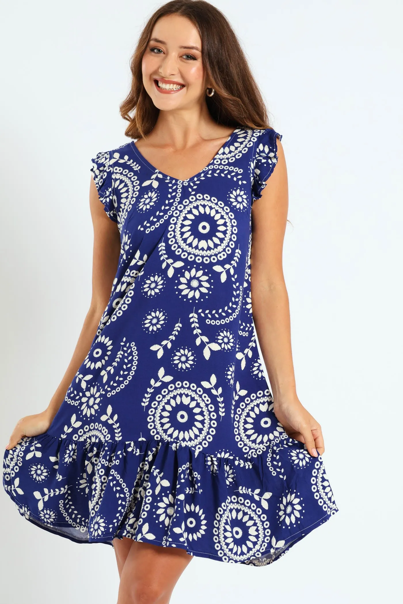 V-Neck Frill Sleeve Drop Hem Mini Dress With Tie Detail - Cobalt sold by Edgars