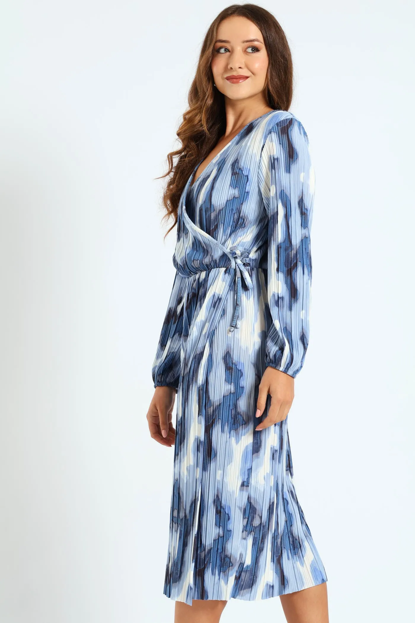 Mock Wrap Plisse Midi Dress - White/Blue sold by Edgars product image thumbnail 2