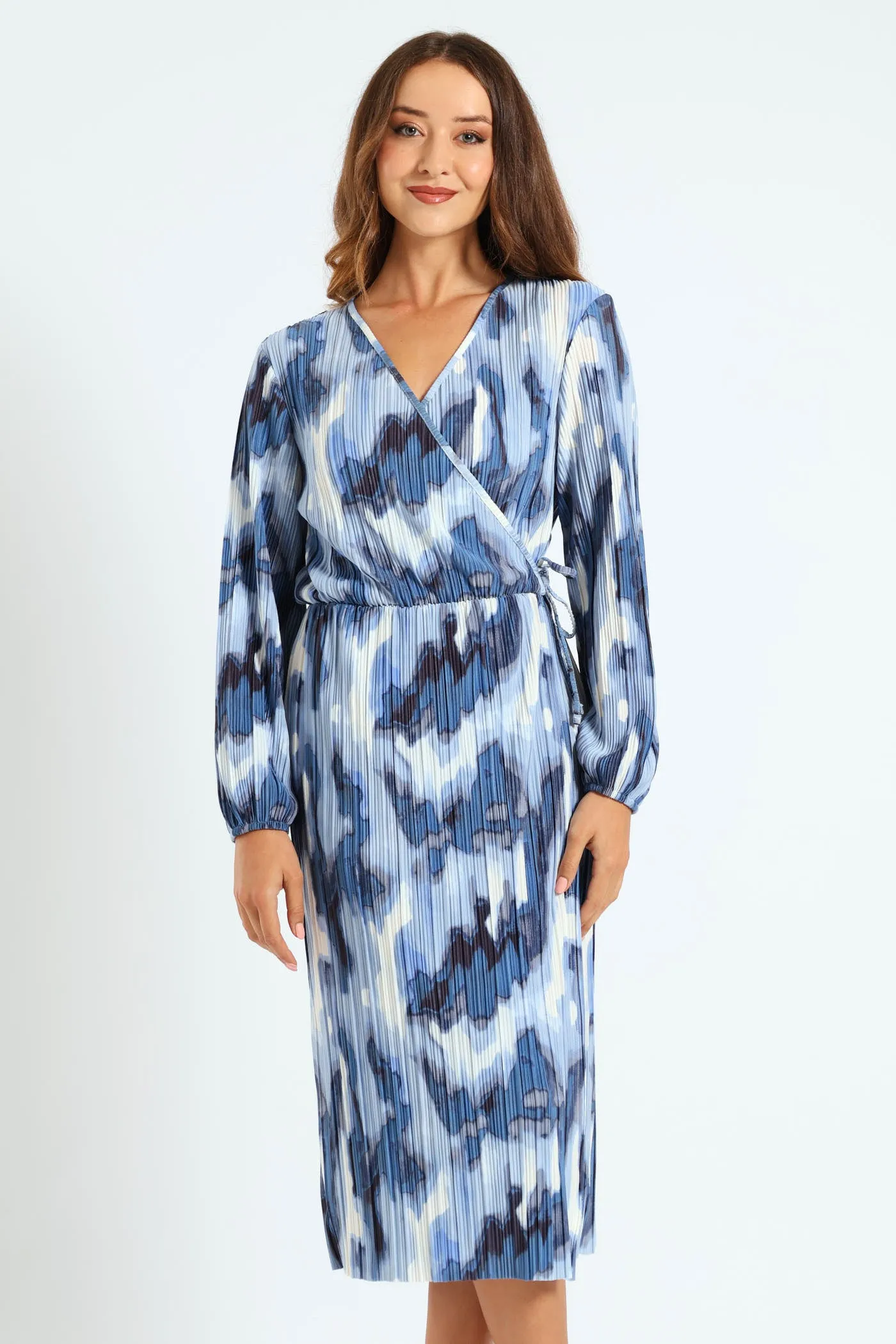 Mock Wrap Plisse Midi Dress - White/Blue sold by Edgars product image thumbnail 3