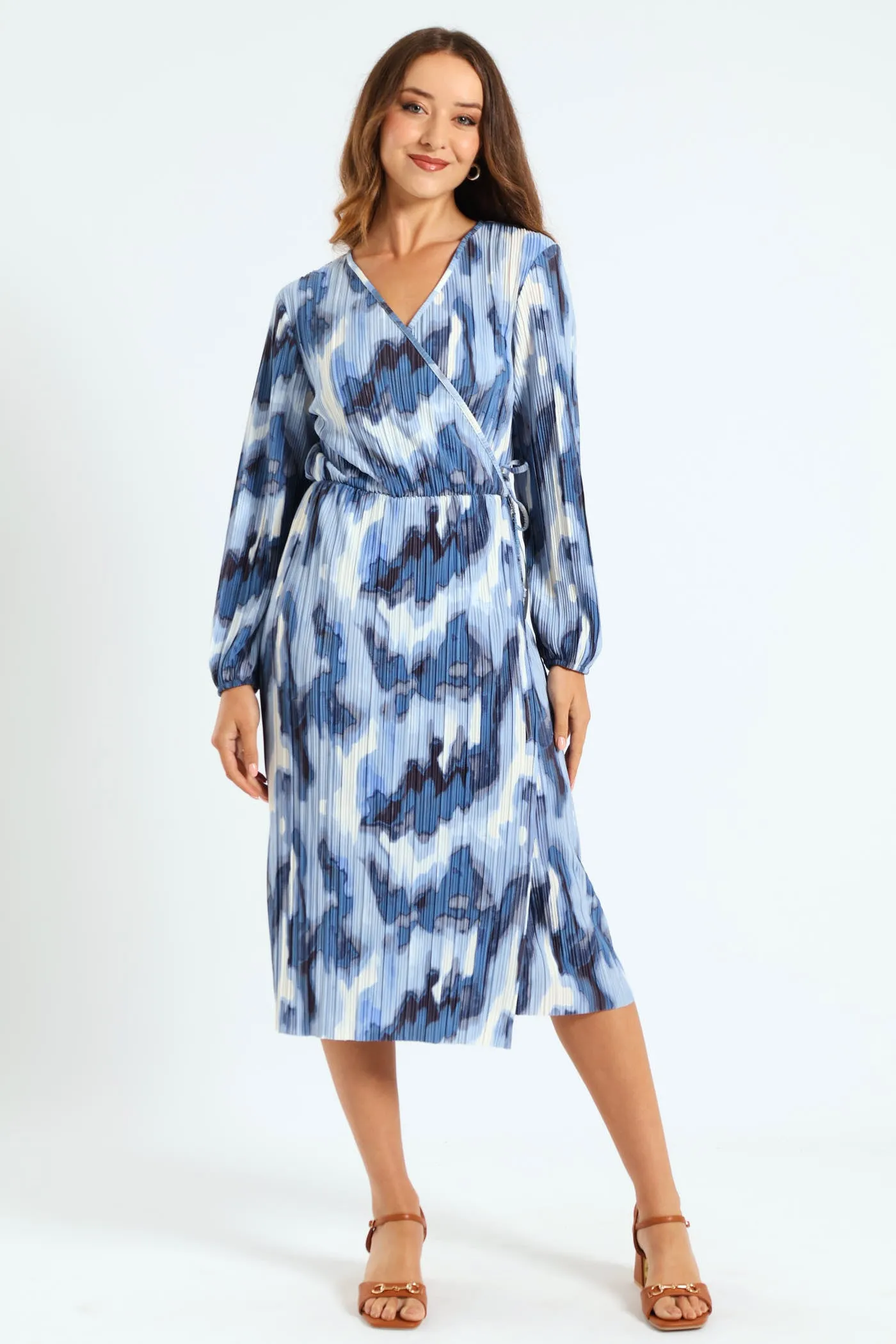 Mock Wrap Plisse Midi Dress - White/Blue sold by Edgars