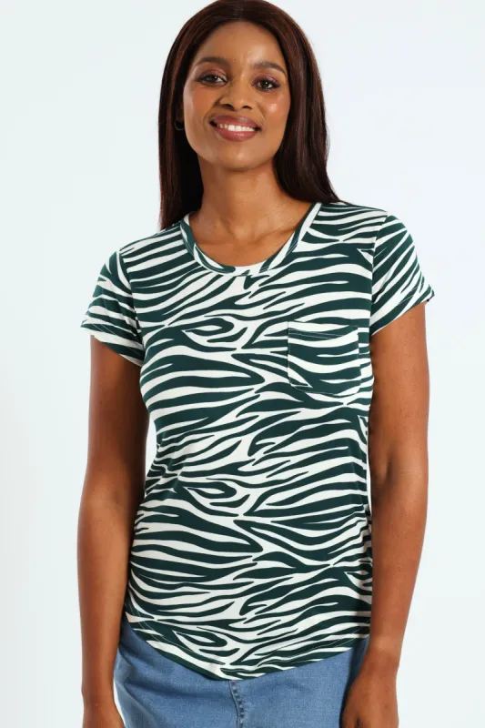 Zebra Print Pocket Tee - White/Green sold by Edgars