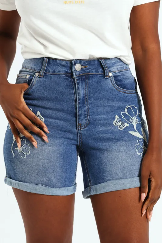 Embroidered Mid Thigh Short - Medium Wash sold by Edgars