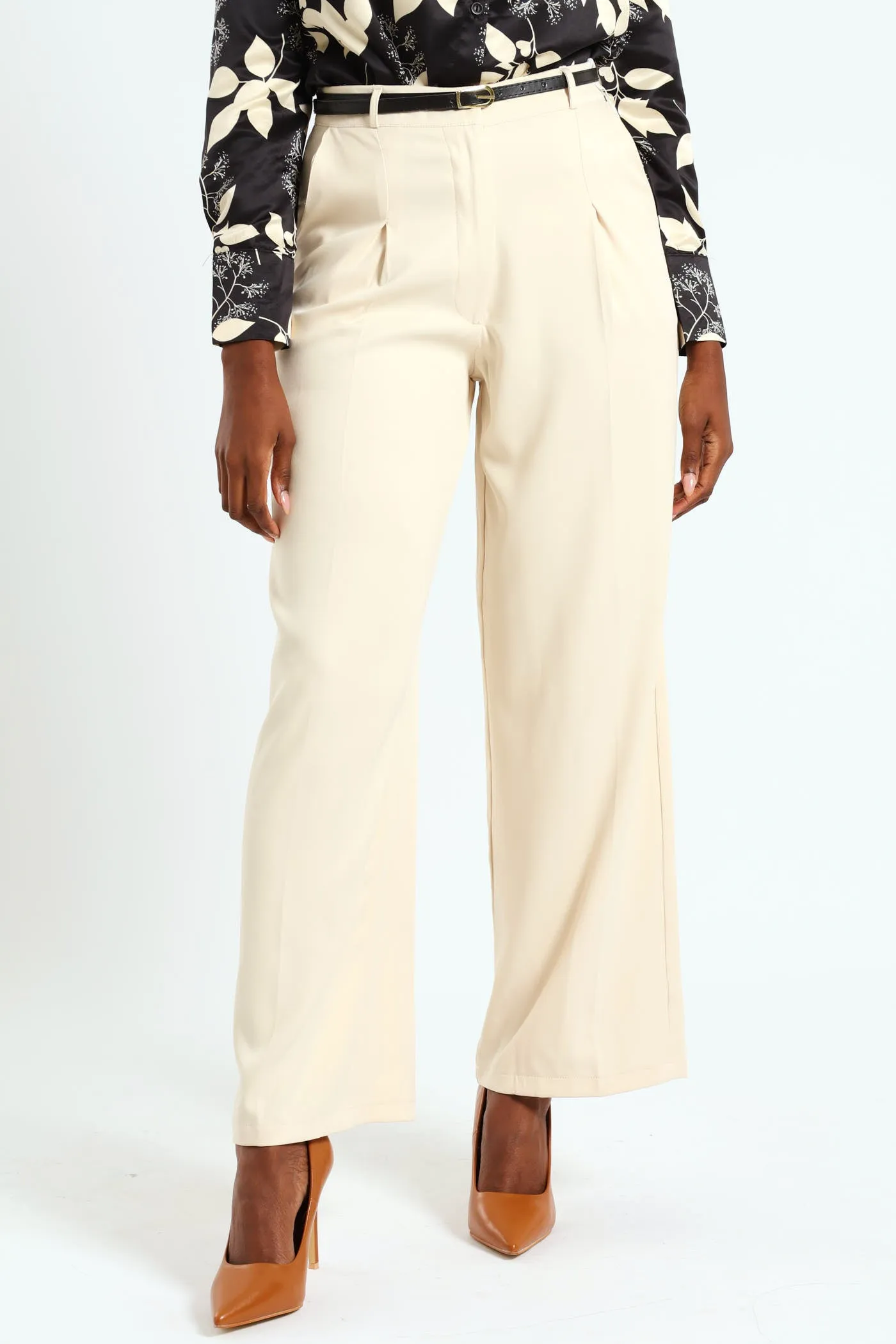 Belted Tailored Wide Leg Pant - Beige sold by Edgars