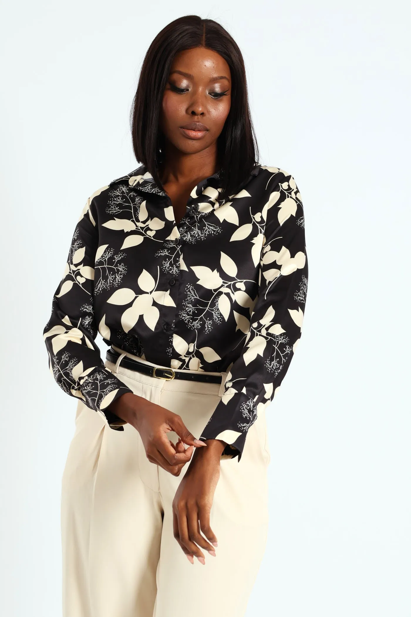 Monochrome Satin Shirt - Black/Beige sold by Edgars