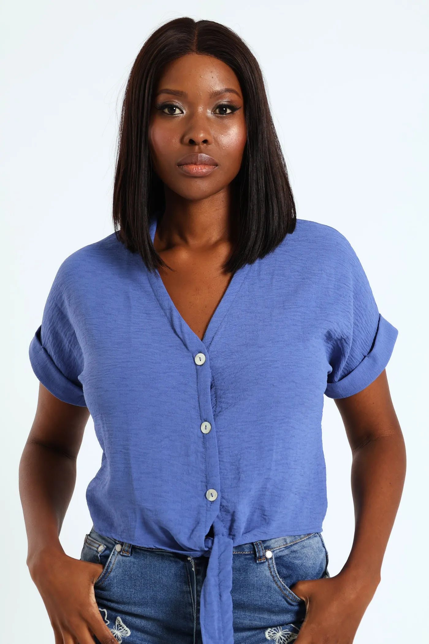V-Neck Button Through Blouse Shirt - Smokey Blue sold by Edgars