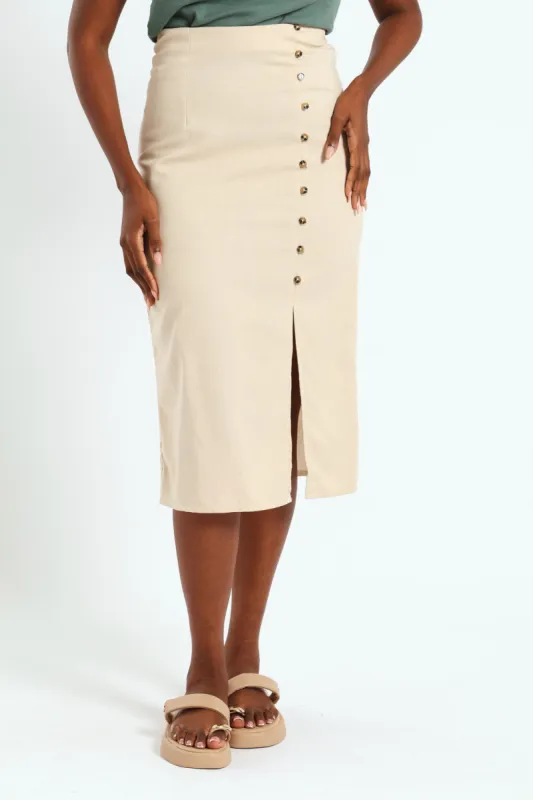 Button Detail & Slit Pencil Midi Skirt - Light Stone sold by Edgars