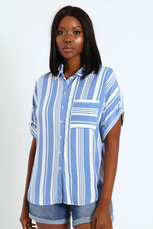 Single Pocket Turnup Stripe Easywearing Shirt - White/Blue sold by Edgars 