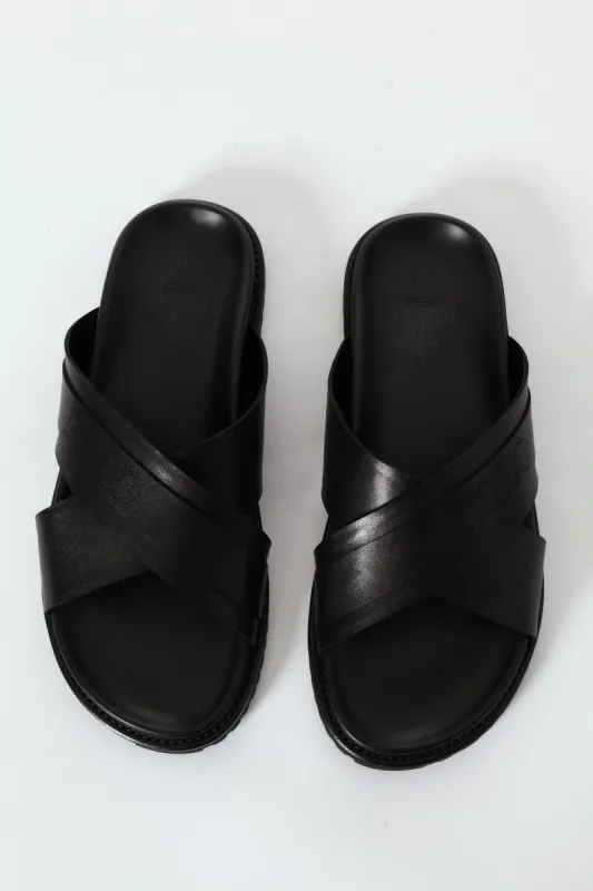 Leather Cross Over Pinpunched Mule Sandal - Black made by Edgars 