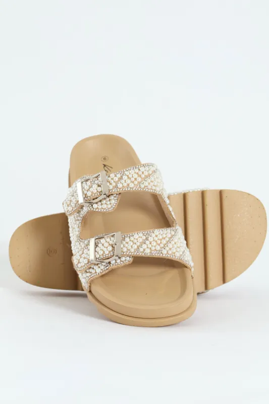 Pearl Encrusted Buckled Mule Sandal - Natural sold by Edgars