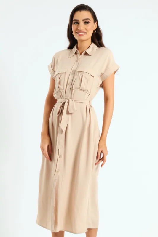 Belted Utility Shirt Dress - Stone sold by Edgars