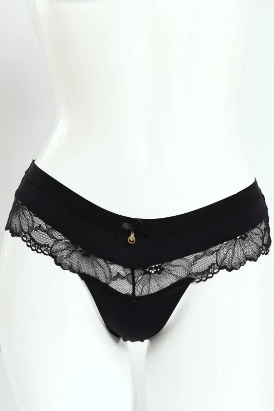 Microfibre & Lace Inset Thong Panty - Black sold by Edgars