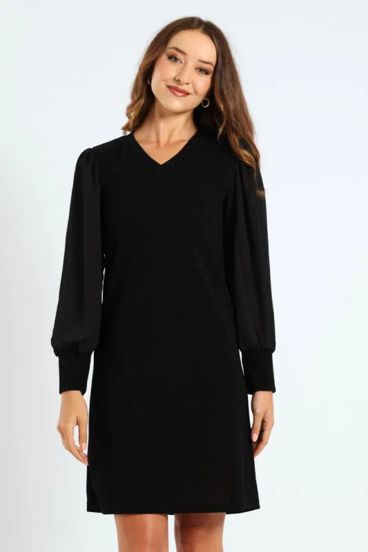 V-Neck Shimmer Knitwear Combo Shift Dress - Black sold by Edgars 