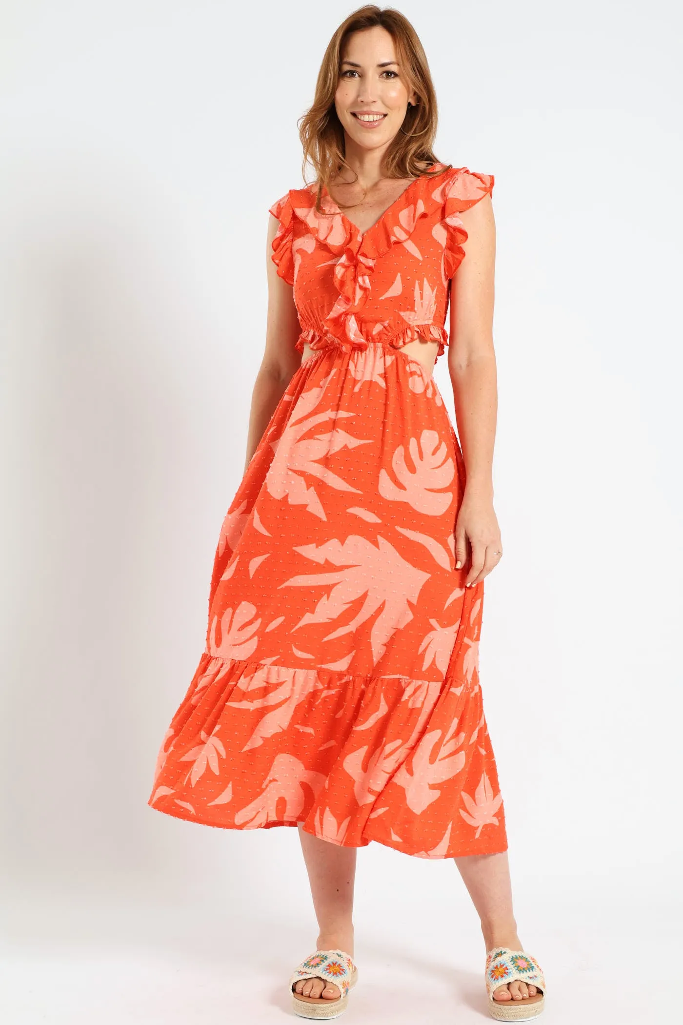 Frill Detail Cut-Out Tiered Maxi Dress - Pink/Orange sold by Edgars