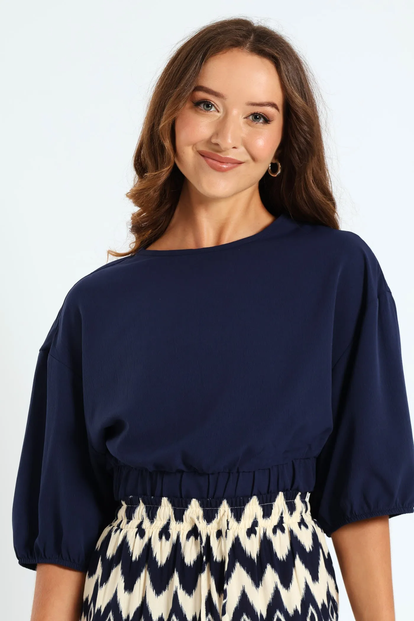 Dolman Bubble Sleeve Waisted Top - Navy sold by Edgars
