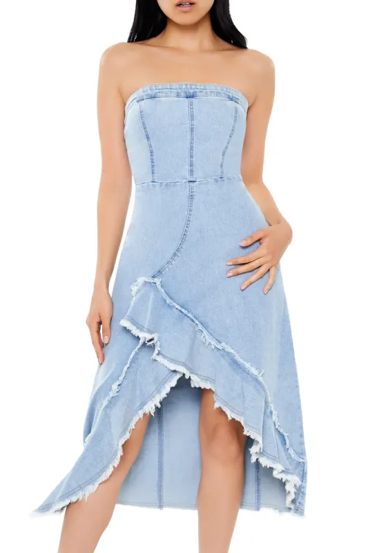 Frayed Denim Tulip Hem Midi Dress - Mid Blue sold by Edgars