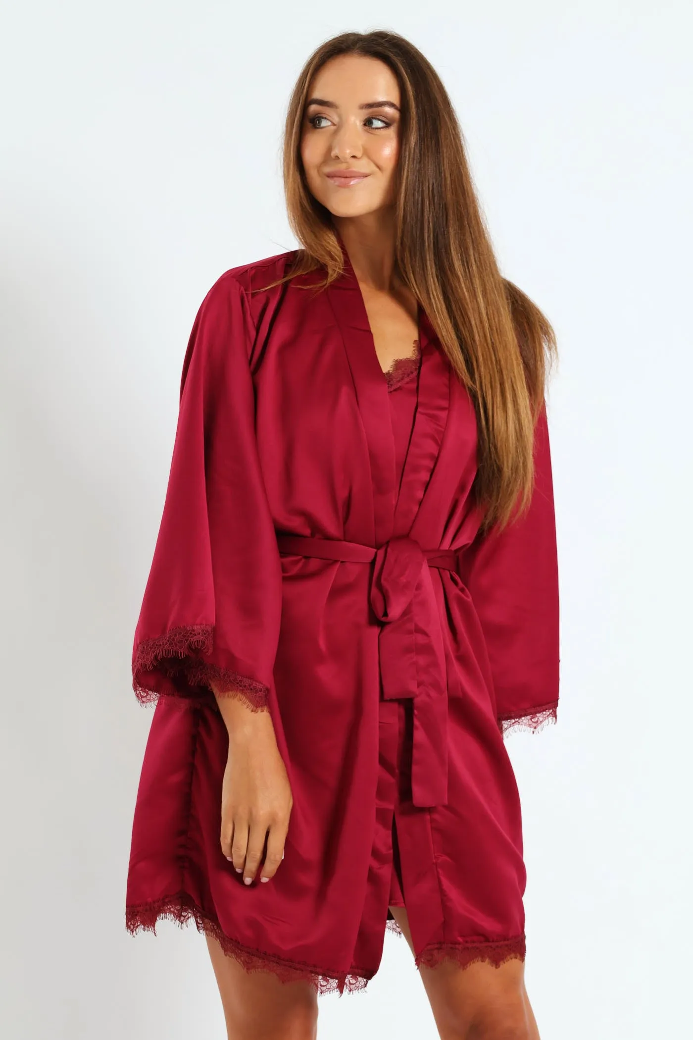 Satin Lace Trim Gown - Deep Red sold by Edgars