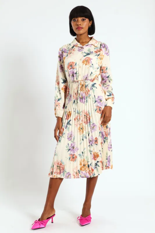 Long Sleeve Button Through Pleated Dress - Cream sold by Edgars