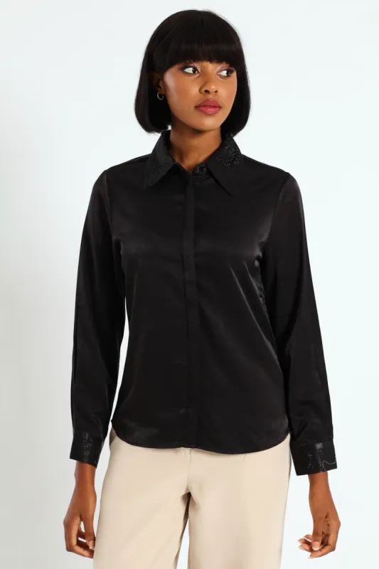 Blinged Satin Shirt - Black sold by Edgars