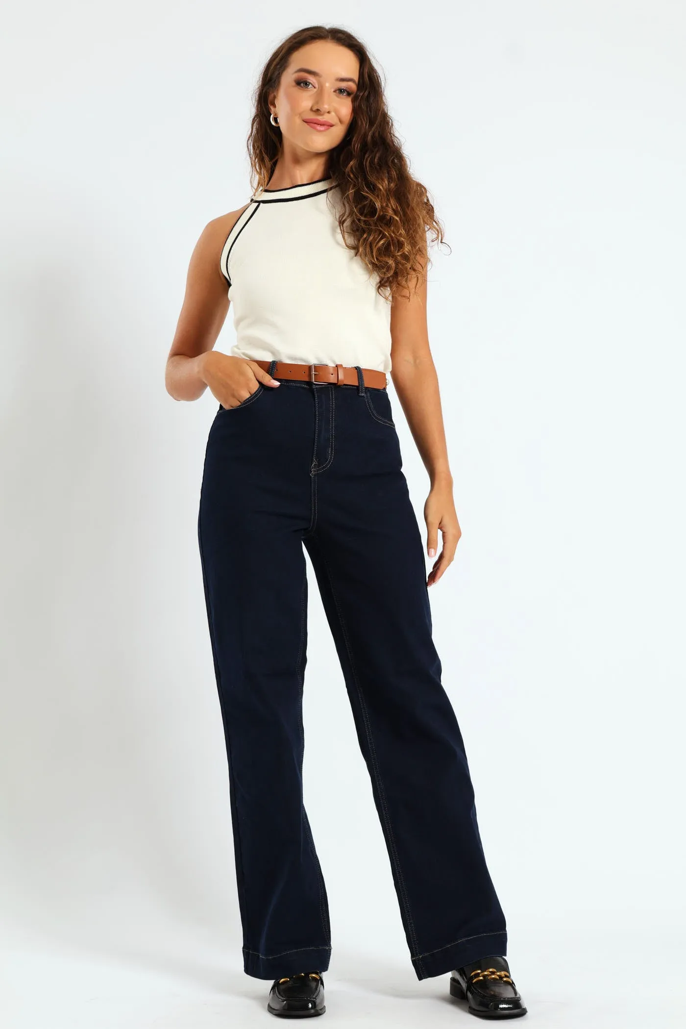 Pearl Belted Wide Leg Jean - Dark Wash Ink sold by Edgars