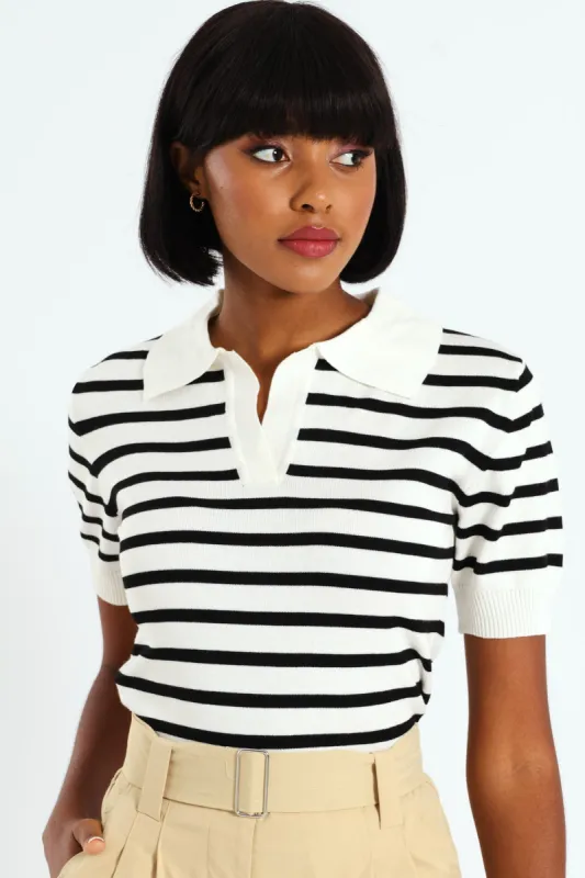 Stripe Golfer Knit Top - Black/White sold by Edgars