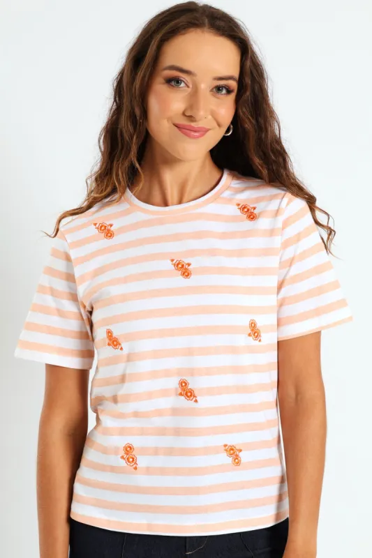 Boxy Embroidered Flowers Stripe Tee - Peach sold by Edgars