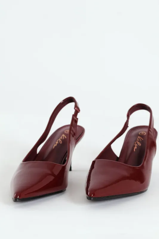 Patent Sling Back Kitten Heel - Burgundy sold by Edgars
