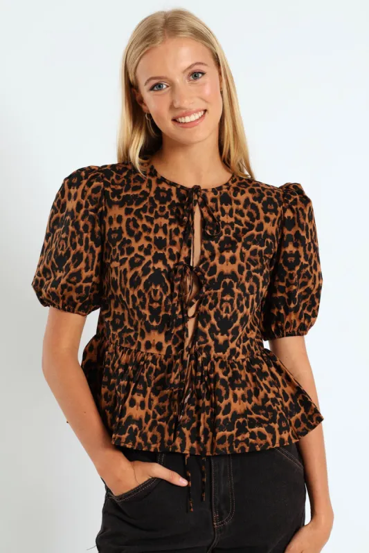 Leopard Tie Front Blouse - Brown sold by Edgars