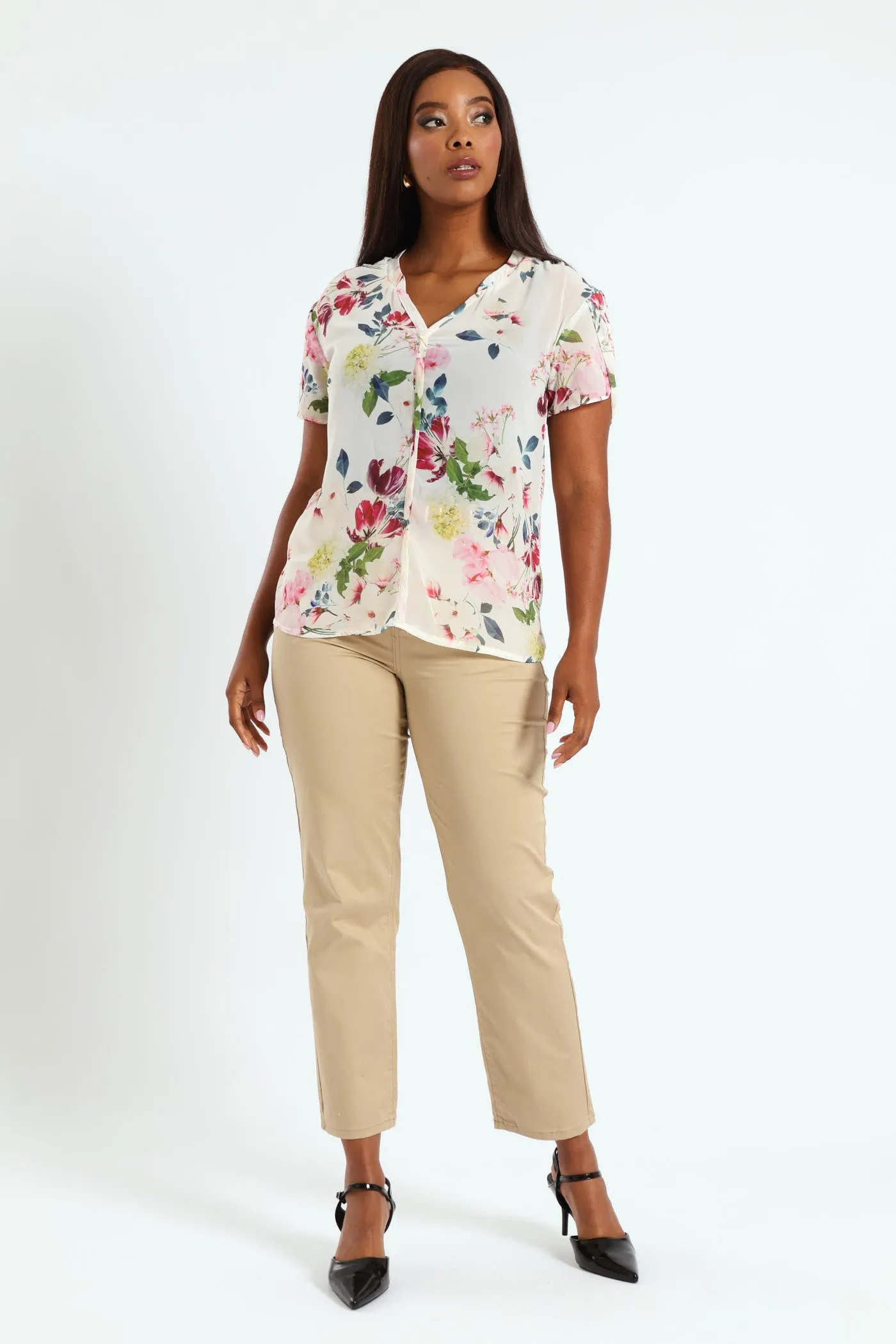 V-Neck Mandarin Collar Blouse - Cream sold by Edgars