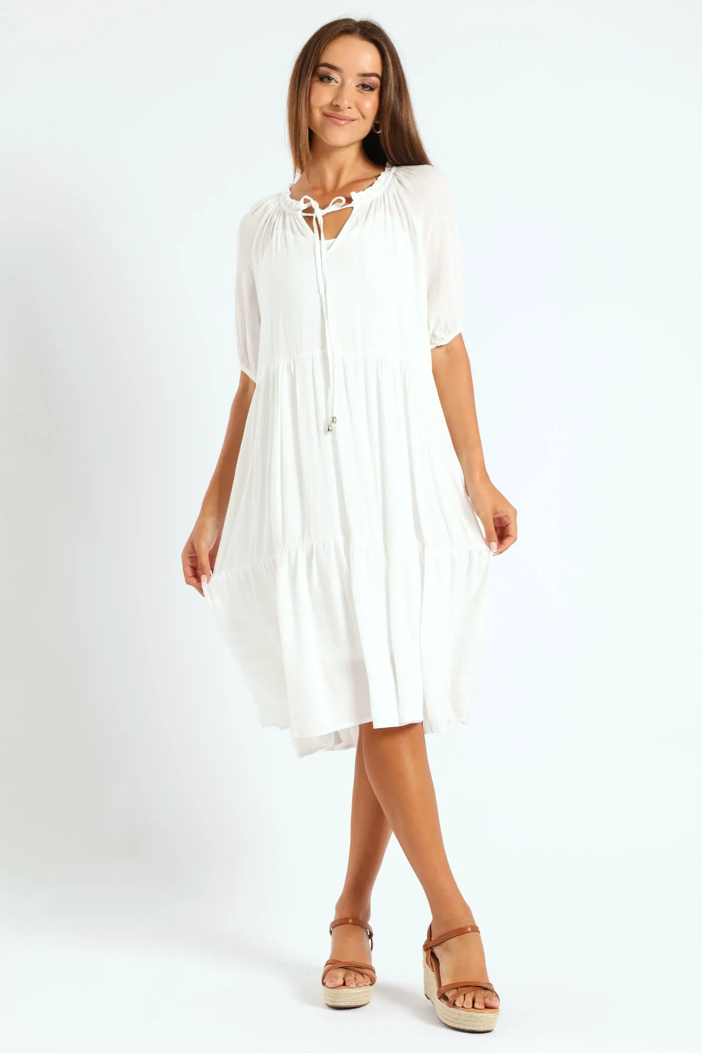 Lurex Stripe Tiered Dobby Mini Dress - Bright White sold by Edgars