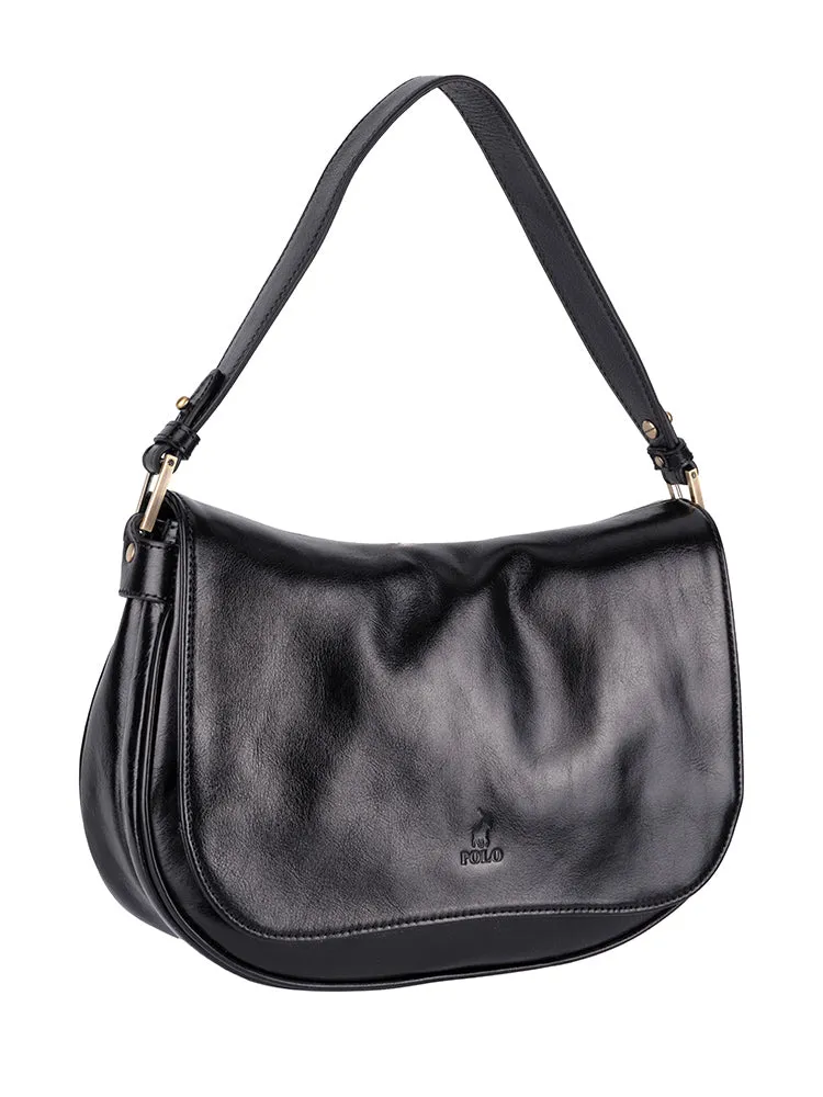 Vega Leather Flapover Shoulder Bag - Black sold by Edgars