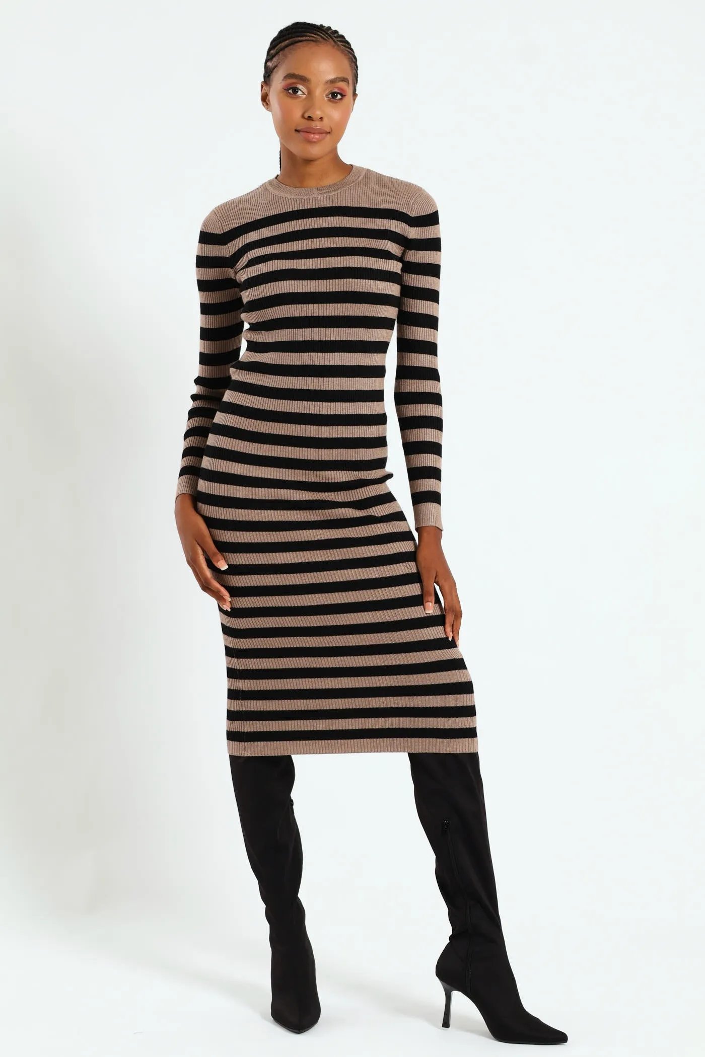 Column Striped Midi Knitwear Dress - Black/Tan sold by Edgars