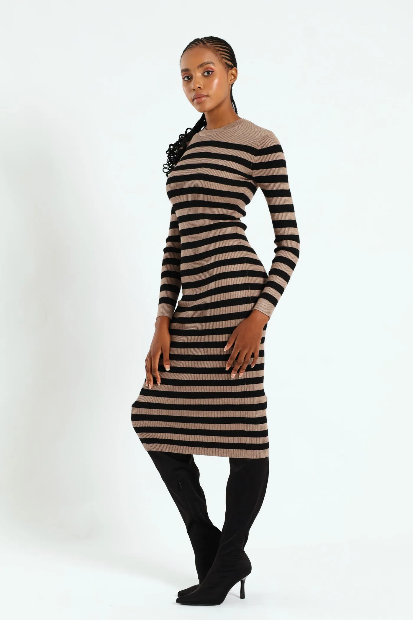 Column Striped Midi Knitwear Dress - Black/Tan sold by Edgars product image thumbnail 2