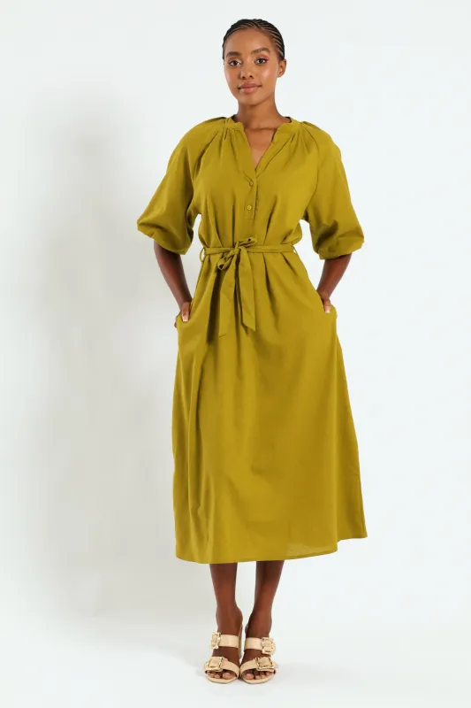 Bubble Sleeve Half Placket Belted Midaxi Dress - Chartreuse sold by Edgars