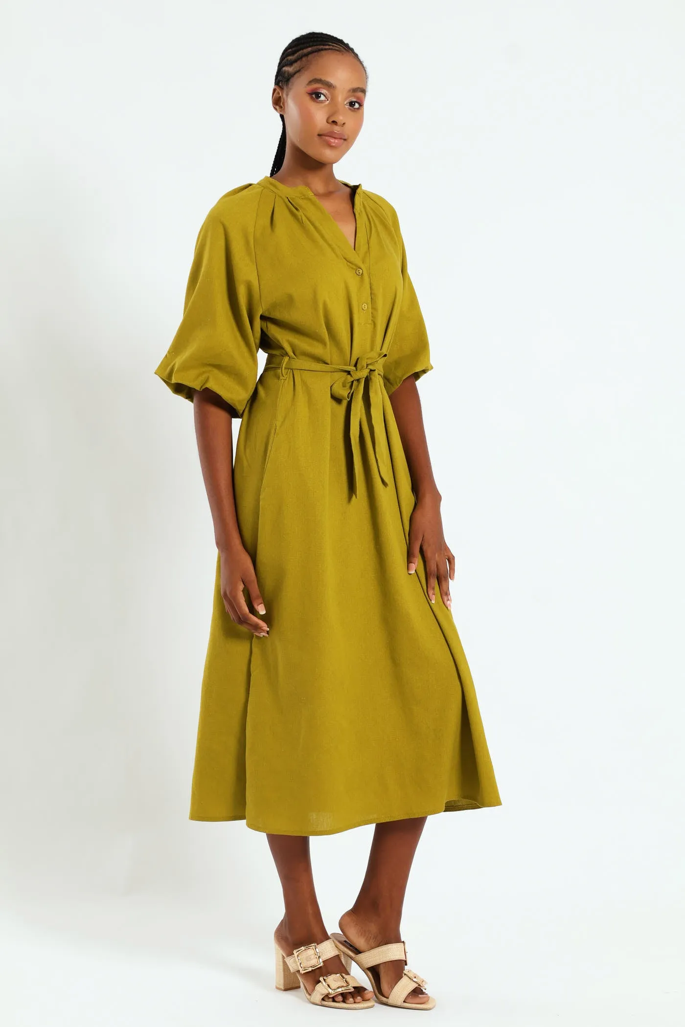 Bubble Sleeve Half Placket Belted Midaxi Dress - Chartreuse sold by Edgars product image thumbnail 2