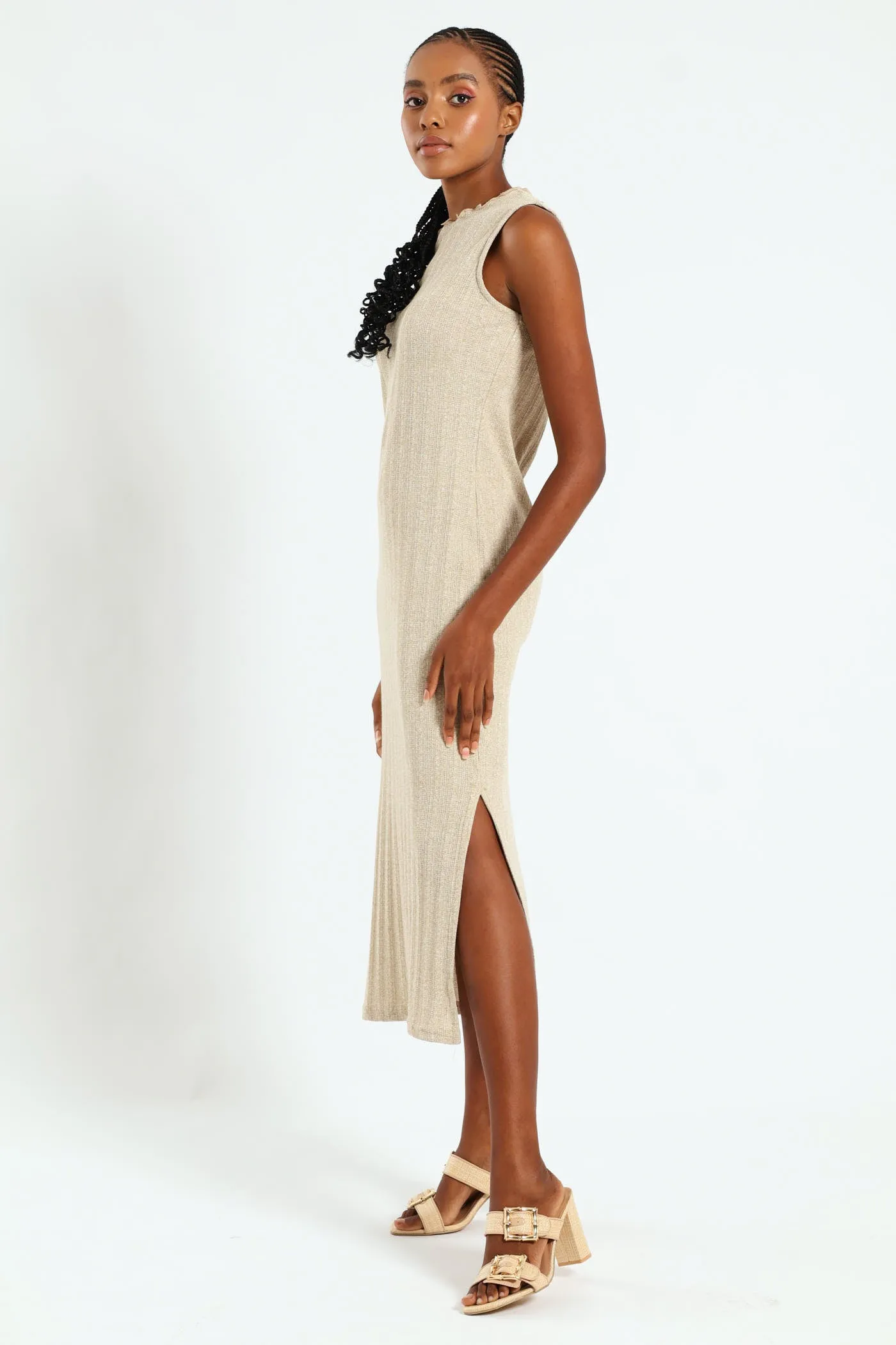 Lettuce Neck Rib Column Shimmer Maxi Dress - Oatmeal Melange sold by Edgars product image thumbnail 2