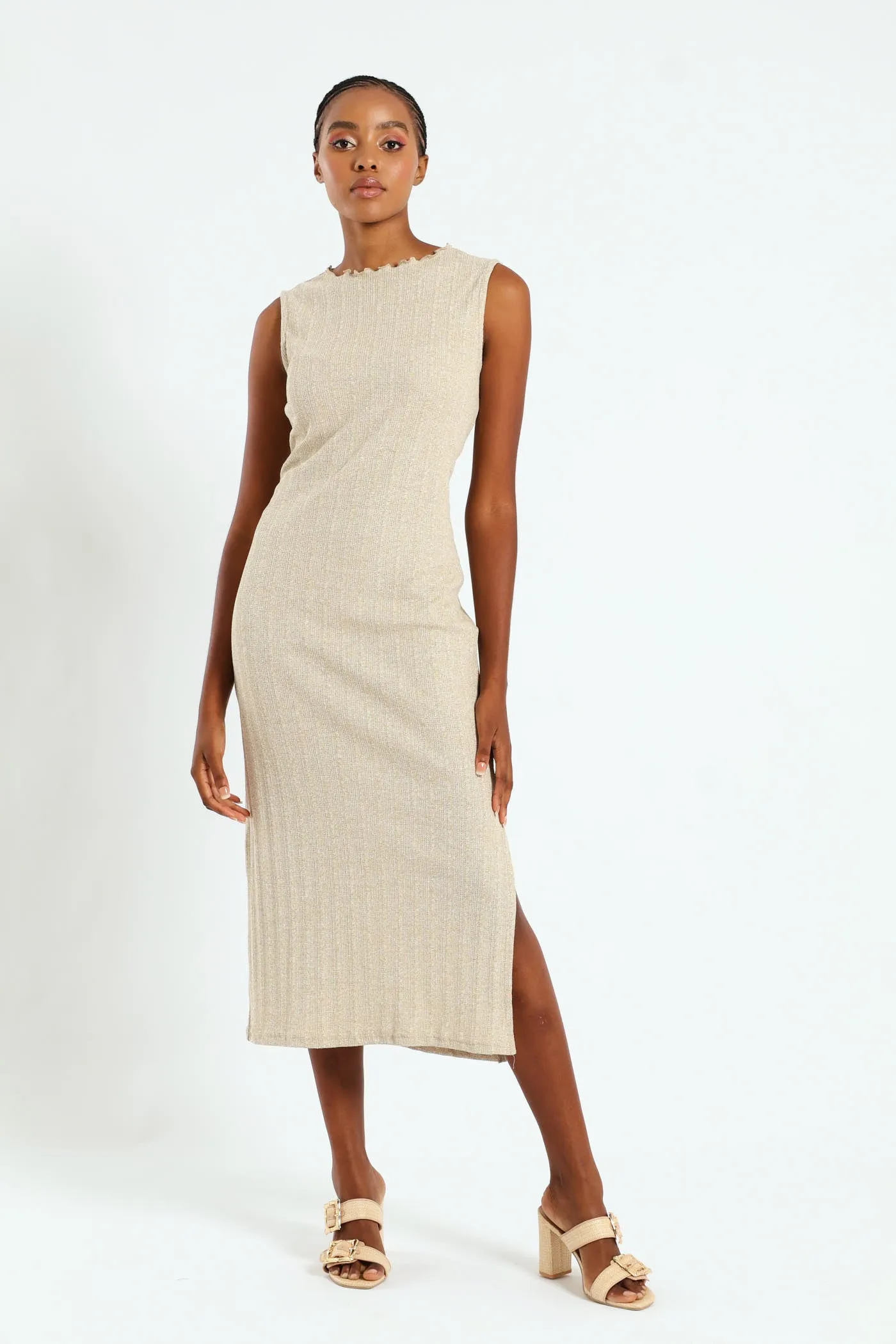 Lettuce Neck Rib Column Shimmer Maxi Dress - Oatmeal Melange sold by Edgars