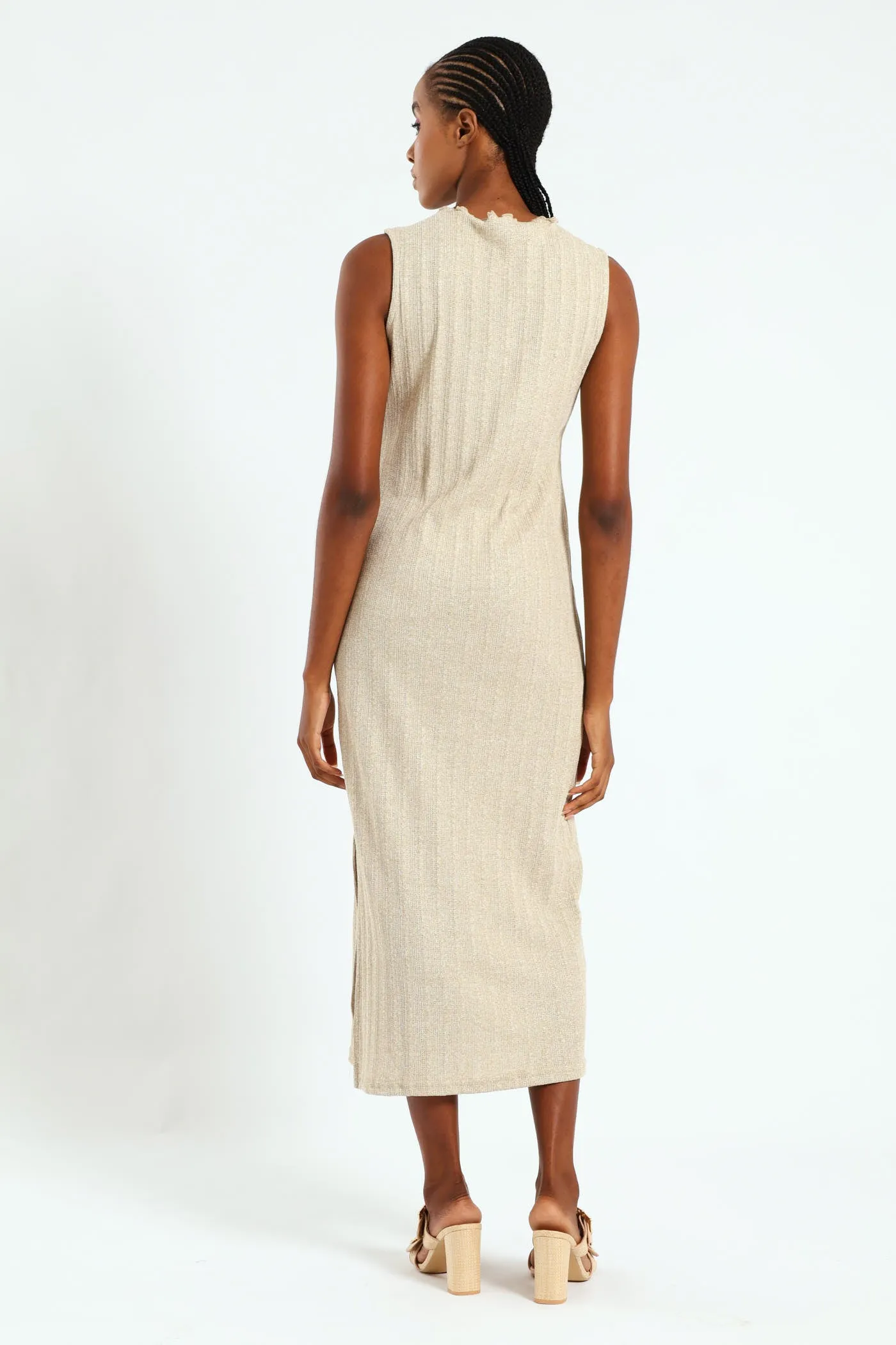 Lettuce Neck Rib Column Shimmer Maxi Dress - Oatmeal Melange sold by Edgars product image thumbnail 3