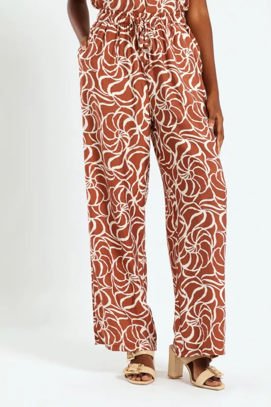 Pull-On Drawstring Linen Wideleg Pant - Rust/Cream sold by Edgars