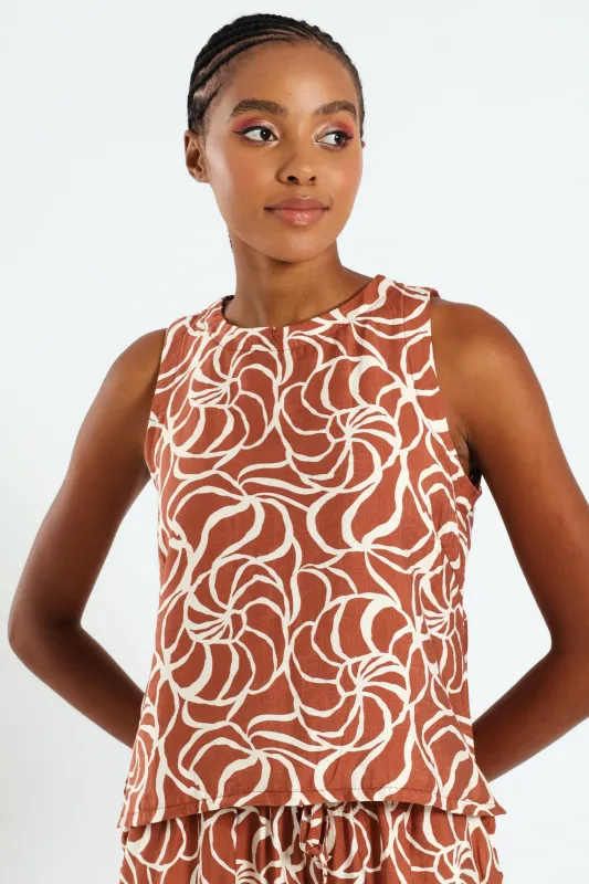 Side Slit Linen Shell Tank - Rust/Cream sold by Edgars