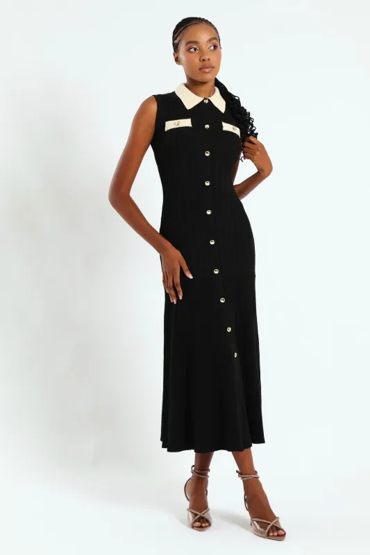 Collared Preppy Knitwear Maxi Dress - Black sold by Edgars