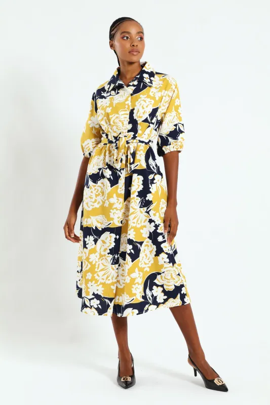 Button Through Collared Belted Midi Dress - Multi sold by Edgars