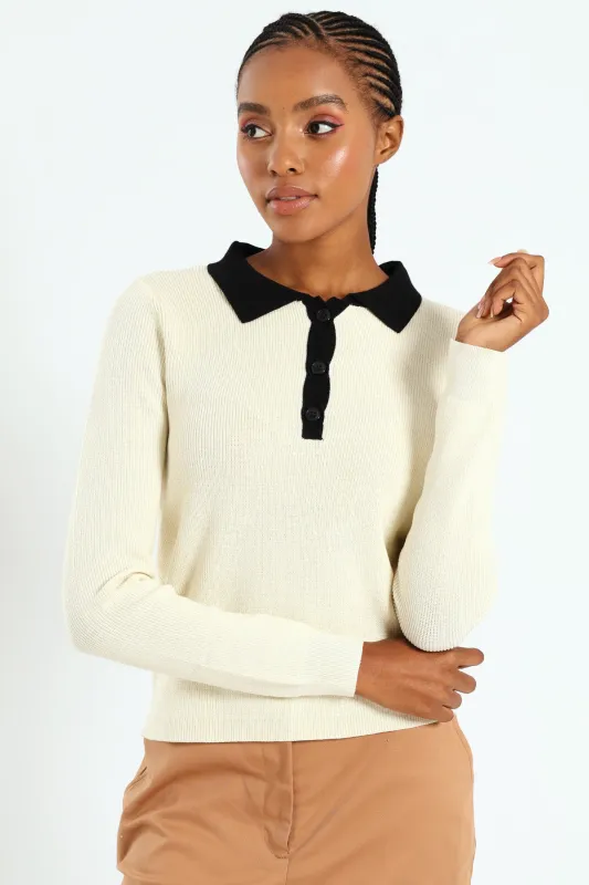 Constrast Collared Golfer - Cream sold by Edgars