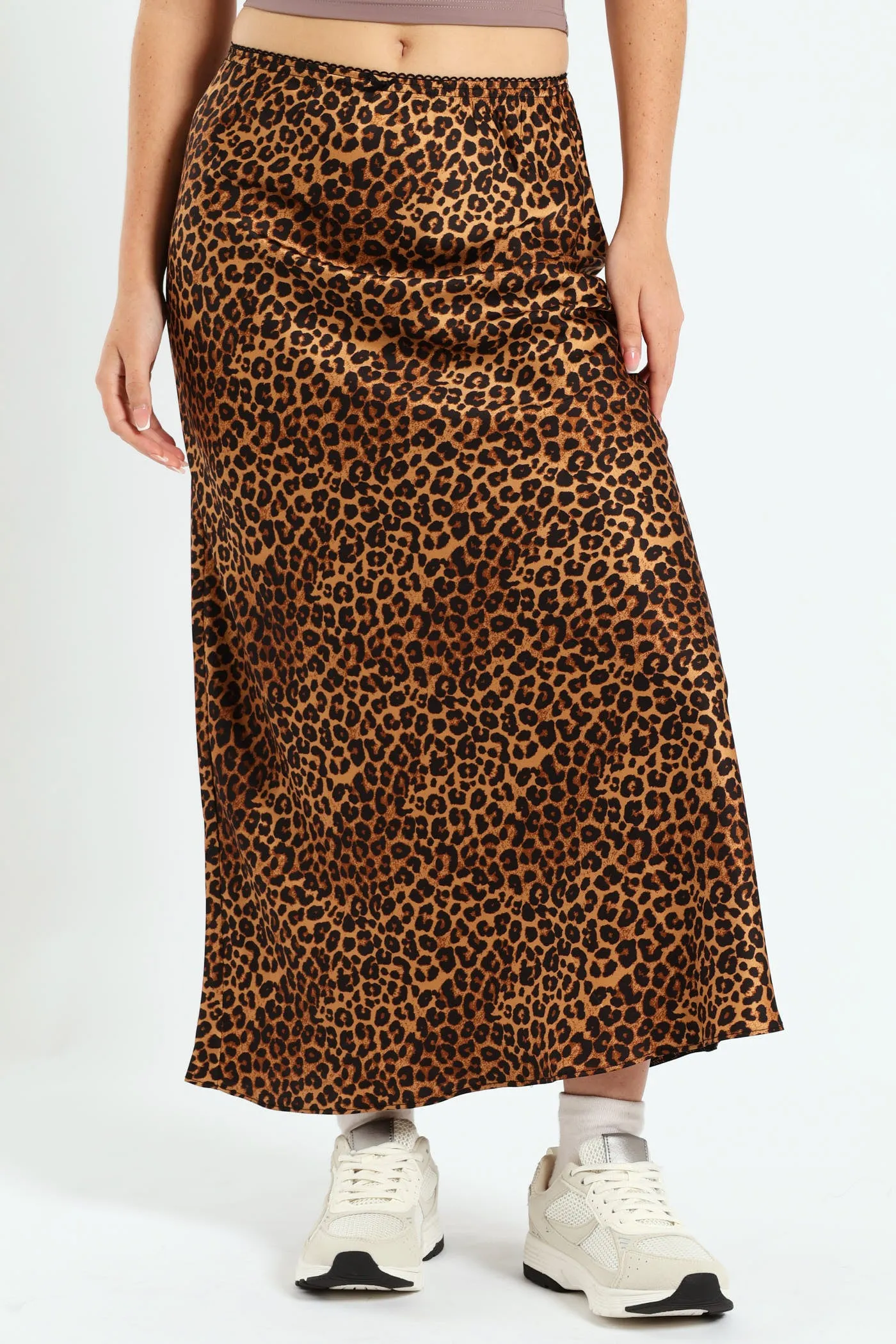 Leopard Satin Midi Skirt - Brown sold by Edgars