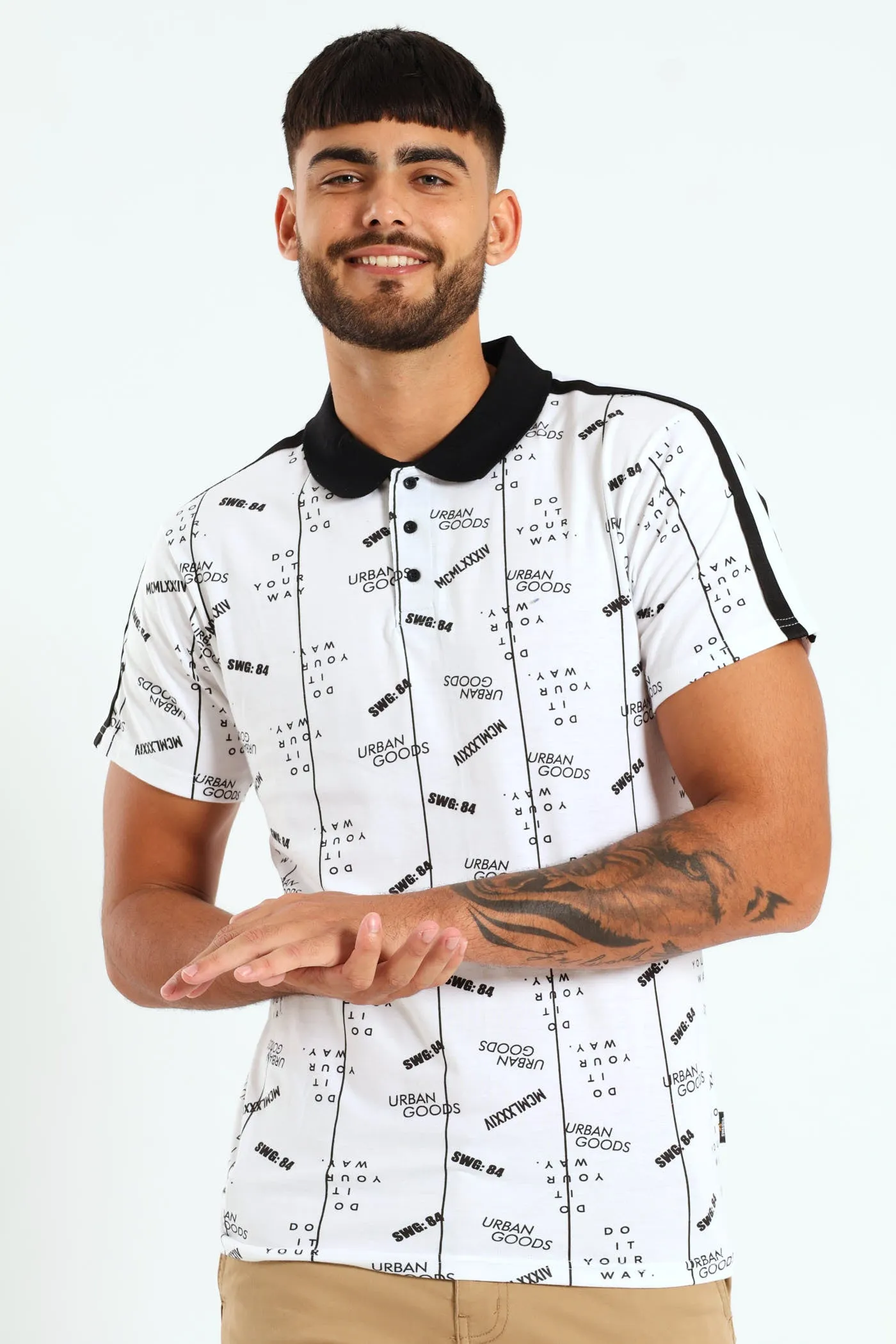 Short Sleeve Printed Golfer - White sold by Edgars