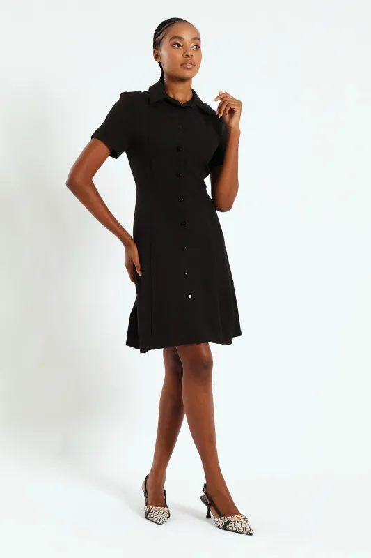 Button Through Pleated Work Dress - Black made by Edgars